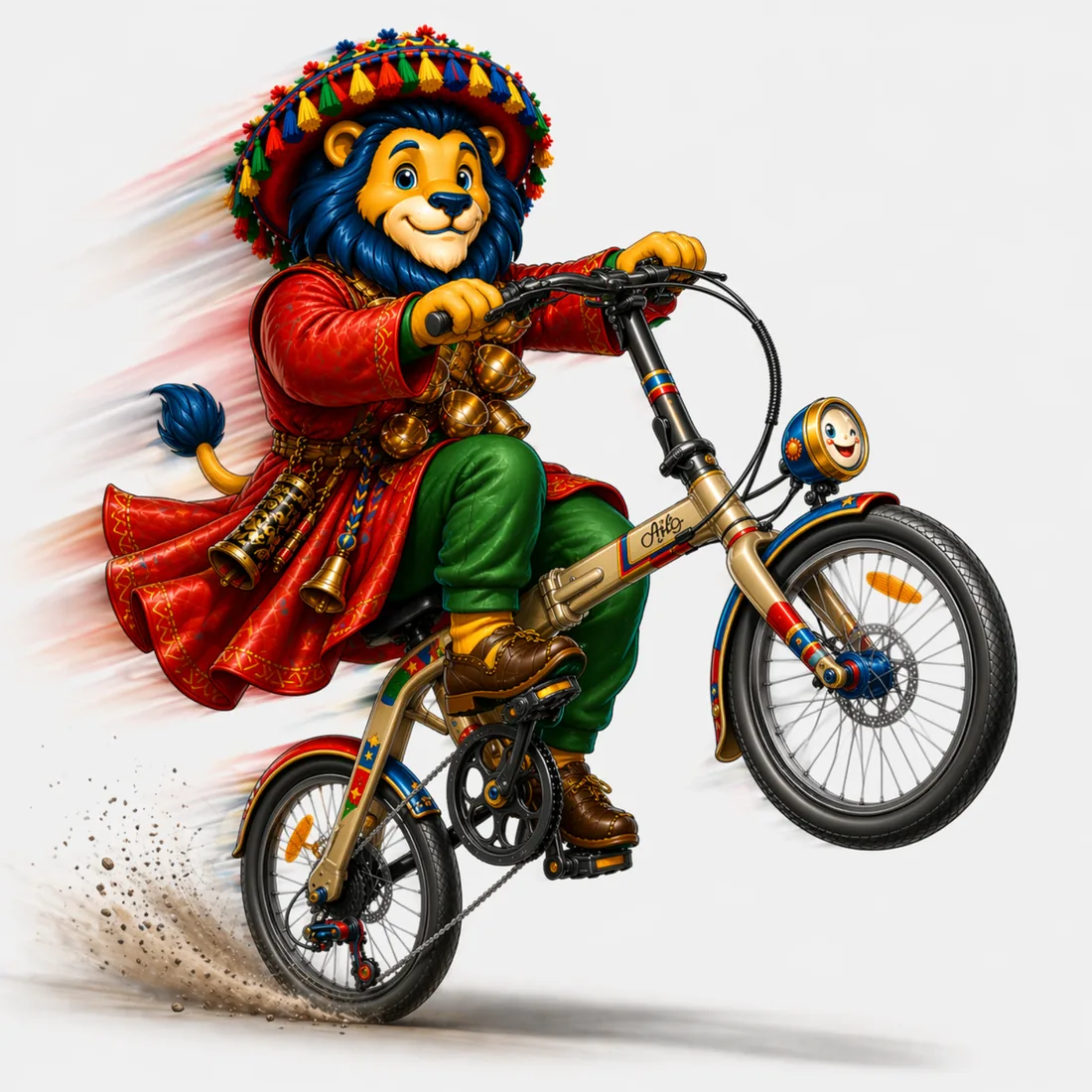 Mascotte Hostiaz dynamique à vélo, symbole d’un hébergement web rapide, humain et fiable