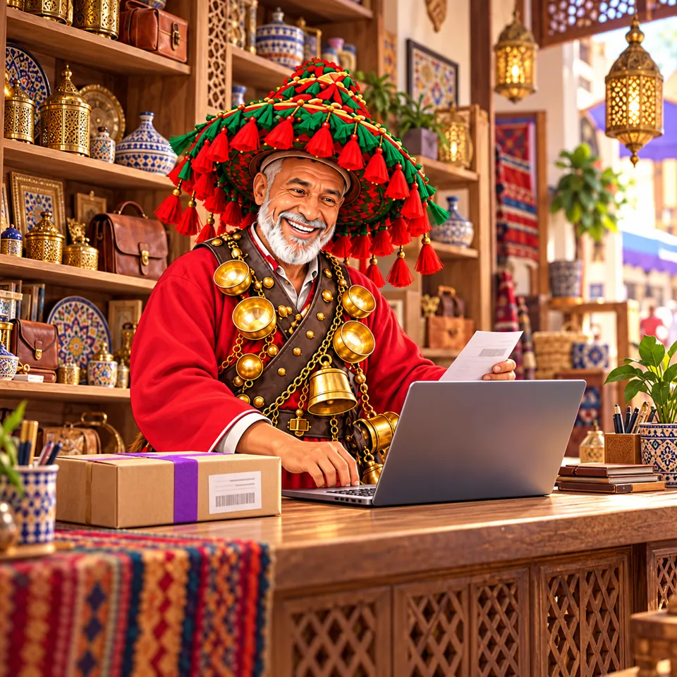 Commerçant marocain souriant travaillant sur sa boutique en ligne depuis un ordinateur portable