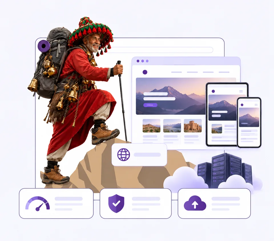 Le Guerrab, mascotte Hostiaz, présentant un site web adapté à tous les écrans