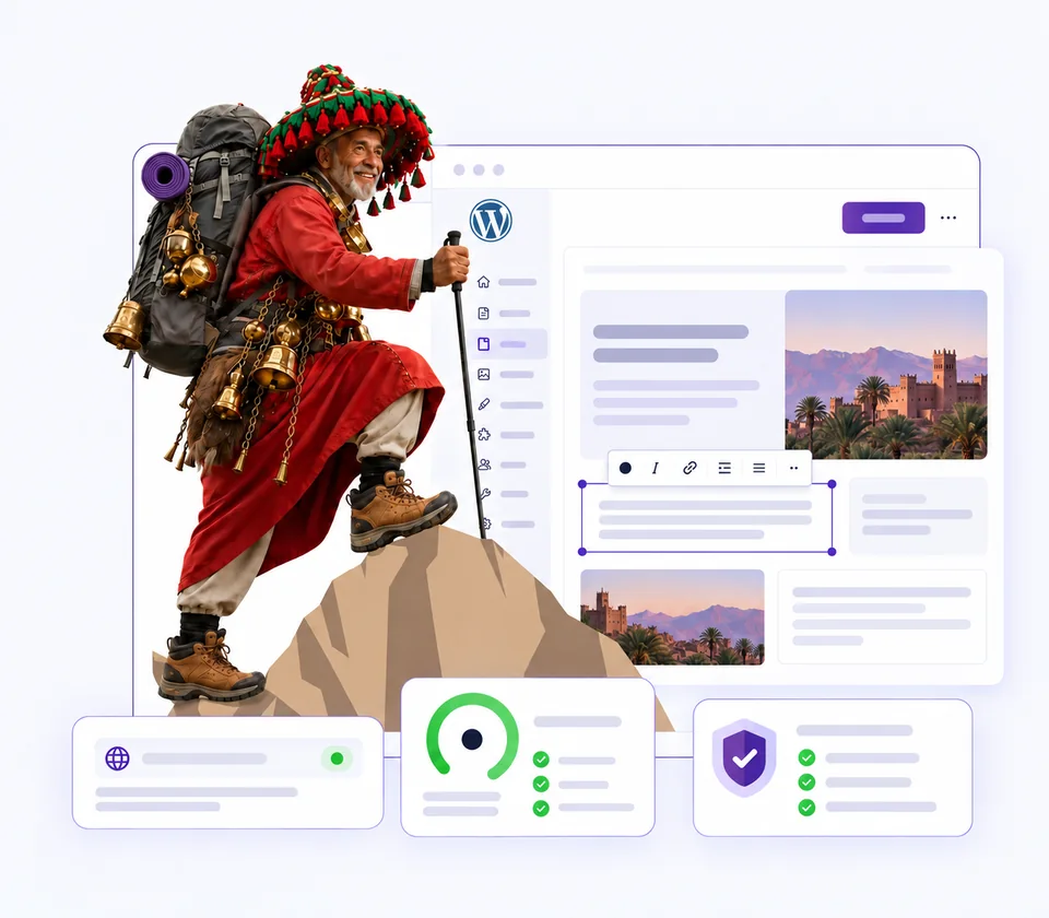 Le Guerrab, mascotte Hostiaz, présentant une interface WordPress